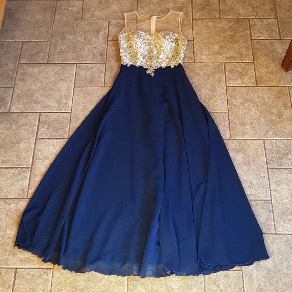 Formal navy and gold embroidery dress floor length Size XS